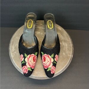 The Larkspur Collection Shoes Size L Needlepoint Mule Heel Pink Black Floral